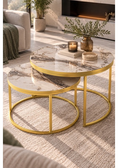 Sulorahome Gold Metal Orta Sehpa Seti Efes Beyaz 2'li Yuvarlak Altın - Beyaz
