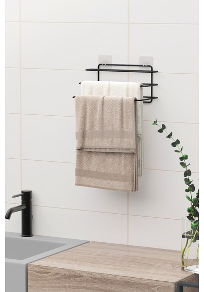 Yapışkanlı 3 Katlı Havlu Asıcı Raf Banyo Düzenleyici Metal Havlu Tutacağı Organizer Havluluk Rafı Siyah