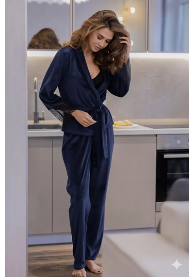 Juwana Lüks Kadife Dantel Detaylı Şık Kuşaklı Sabahlık & Pijama Takımı Siyah Juwana Lüks Kadife Dantel Detaylı Şık Kuşaklı Sabahlık & Pijama Takımı Siyah