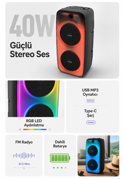 Taşınabilir 40w Led Işıklı Bluetooth Hoparlör Seti