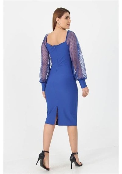 Dip Moda Kadın Yeni Sezon Kolları Tül Midi Boy Likralı Elbise Nb10004 Saks
