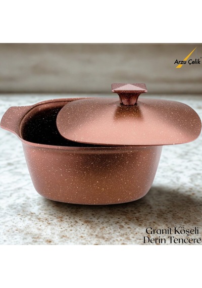 Katre 22 Cm Granit Köşeli Derin Tencere Alüminyum Kapak - Koyu Bakır