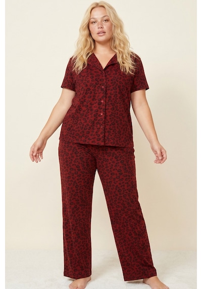 Siyah İnci Büyük Beden Battal Boy Düğmeli Örme Pijama Takım 8016 Bordo Leopar