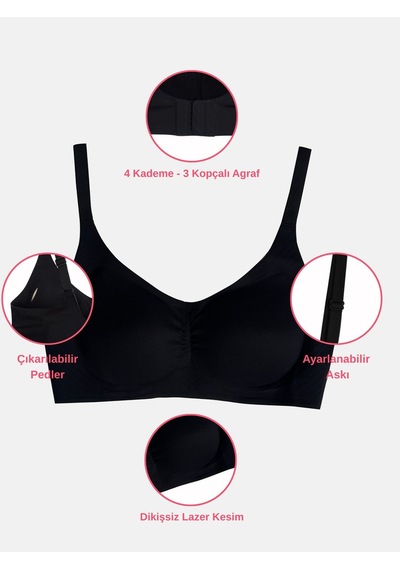 Alya Underwear Kadın Dikişsiz Sütyen Çıkarılabilir Yuvarlak Kaplı Lazer Kesim Görünmez Sütyen Siyah