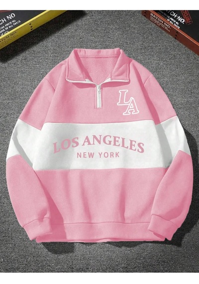Altamira Unisex Los Angeles Baskılı Oversize Parçalı Polo Yaka Fermuarlı Sweatshirt 001