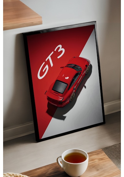 Porsche Gt3 Siyah Ahşap Çerçeveli Poster, Dekoratif Araba Duvar Tablosu