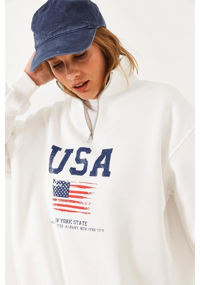 Shade Kadın Arım Fermuarlı Usa Baskılı Dik Yaka Sweatshirt 60251880 - Beyaz