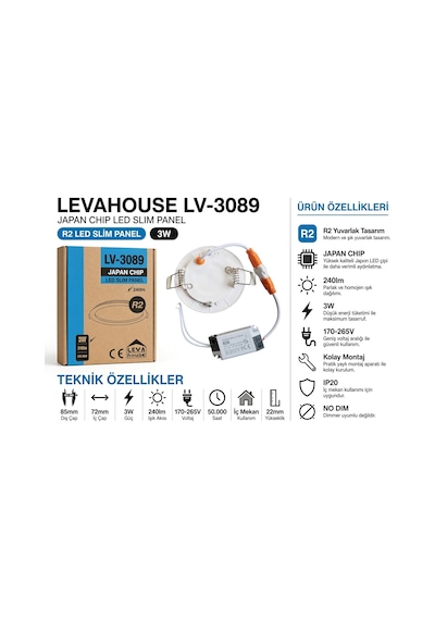 Akıllıelma-leva Lv-3089 Led Panel Yuvarlak Slim Sıva Altı 3w Beyaz 8,5cm