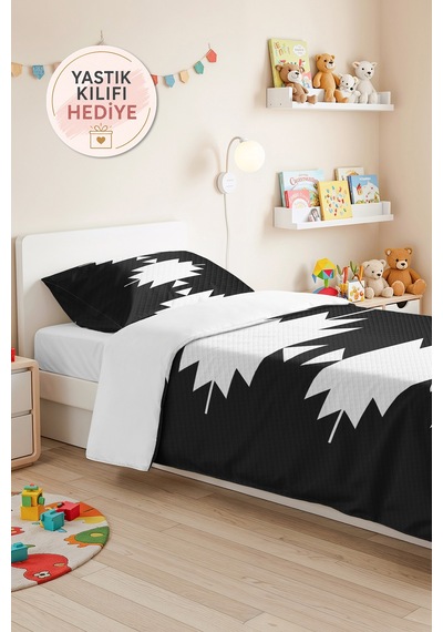 Siyah Geometrik Genç Odası Tek Kişilik Pike Takımı - Modern Etnik 160x220 Cm Kapitone Yatak Örtüsü Pembe