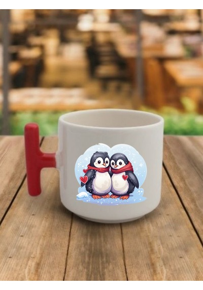 Penguenli Kahve Bardak Seramik Kupa - Seramik Çay, Kahve Hediyelik Bardağı Beyaz