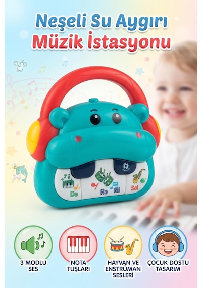 Montessori Neşeli Su Aygırı 3 Farklı Modlu Hayvan Sesleri Ritim Öğreten 12 Cm Bebek Oyuncağı