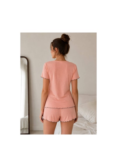Pijamask Kadın Pudra Kısa Kollu V Yaka Fiyonk Detaylı Şortlu Pijama Takımı Yazlık Rahat Ev Giyim Uyku Takımı Pembe