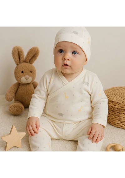 Babydonat Zürafa Desenli 3 Parça Erkek Bebek Hastane Çıkışı % 100 Pamuk Beyaz