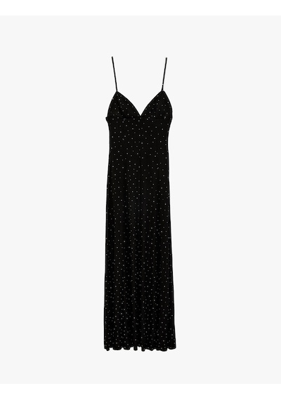 Koton Slim Fit V Yakince Askılı Uzun Taşlı Slip Elbise Siyah 6sak80020fk Siyah