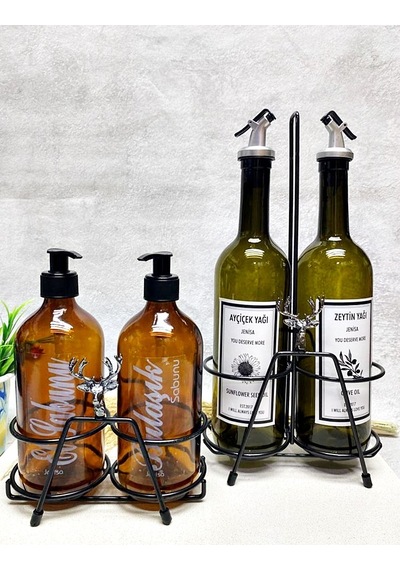 2li Siyah Geyik Figürlü Standlı 750 Ml Yağlık 2li 500ml Amber Sab