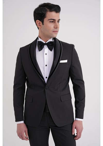 Slim Fit Çıkarılabilir Saten Yaka Tek Düğme Siyah Damatlık Smokin Takım Black 073 Siyah
