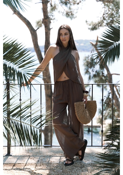 Mai Collection Mai Studios Co. Cadhas Boyundan Bağlamalı Kahve Crop Pantolon Takım Kahve