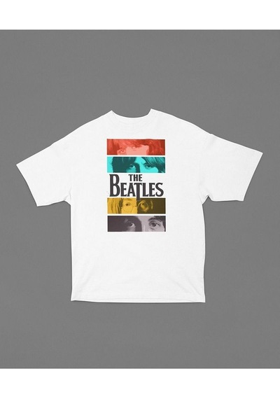 The Beatles Baskılı Unisex Tişört, Oversize Müzik Grubu Tişört Beyaz