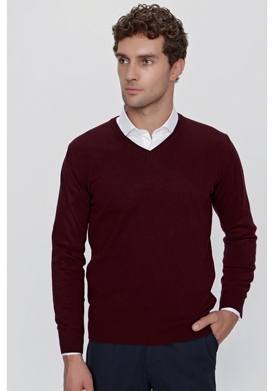 Morven Basic Dinamik Fit Rahat Kesim V Yaka Triko Kazak 99kc017004752 Koyu Bordo