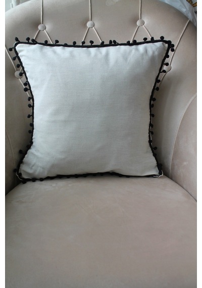 2 Adet Siyah Ponponlu Krem Kırlent Kılıfı 42x42cm