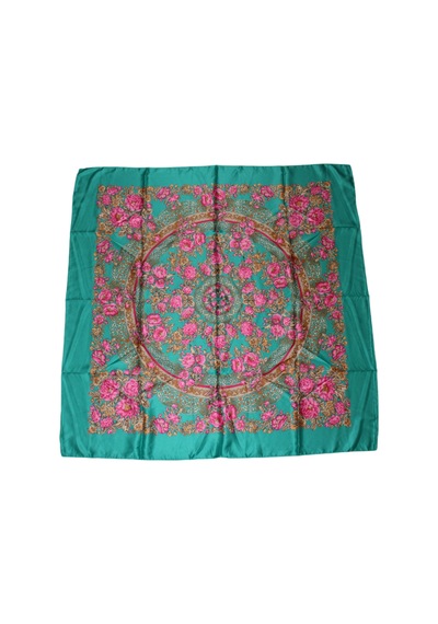 Tikitonki Pembe Çiçek Desenli Kare Kesim Nil Yeşili Eşarp - 90x90 Çok Renkli Çok Renkli