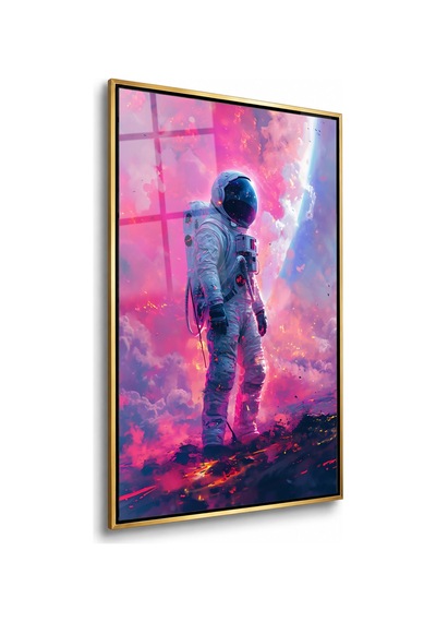 Pembe Bulutlarda Yürüyen Astronot Gold Çerçeveli Cam Tablo