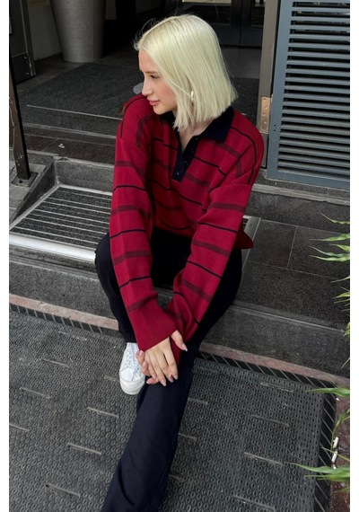 Madmext Bordo Çizgili Polo Yaka Kadın Kazak Mg2476 Bordo