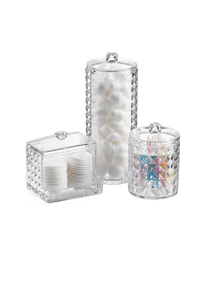 Vivart 3 Lü Diamond Seri Kapaklı Banyo Organizer, Makyaj Pamuğu Ve Kulak Çubuğu Saklama Kabı Şeffaf