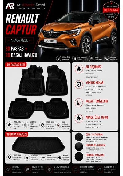 Renault Captur 2013-2019 Araca Özel 3d Paspas + 3d Bagaj Havuzu