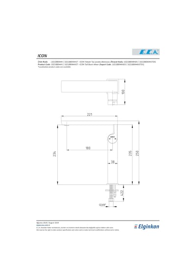 Eca Icon Yüksek Tip Lavabo Bataryası 102188044H