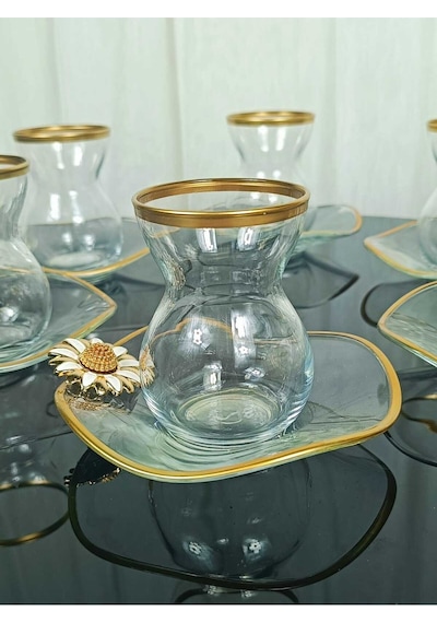 Alfafe Home Lüx 6 Kişilik 12 Parça Papatya Gold Yaldızlı Çay Seti Beyaz