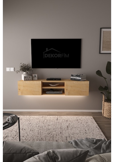 Df17102 Led Işıklı Duvara Monte Tv Ünitesi, 2 Kapaklı Dolaplı, Raflı 150 Cm Tv Alt Ünitesi Safir Meşe Df17102 Led Işıklı Duvara Monte Tv Ünitesi, 2 Kapaklı Dolaplı, Raflı 150 Cm Tv Alt Ünitesi Safir Meşe