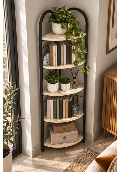 Sulorahome Metal Köşe Kitaplığı Ve Saksılık Bej Traverten Desenli 5 Katlı