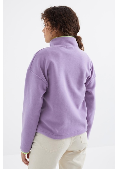 Tommy Life Açık Eflatun Yarım Fermuar Etek Ucu Büzgülü Dik Yaka Oversize Kadın Polar Sweatshirt - 97234 Eflatun