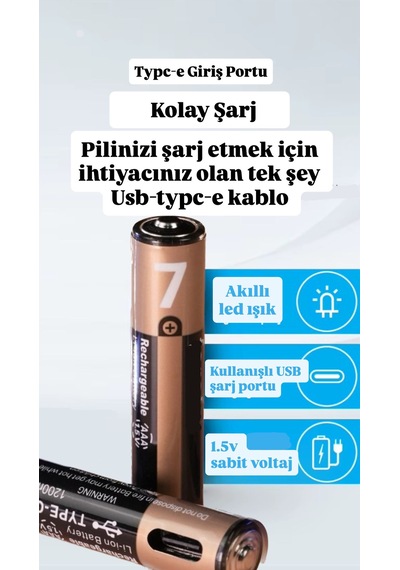 İnce Pil Aaa Pil Usb Type-c Kablo İle Şarj Edilebilir Lityum 2'li İnce Pil 1.5v Aaa / 1200mwh