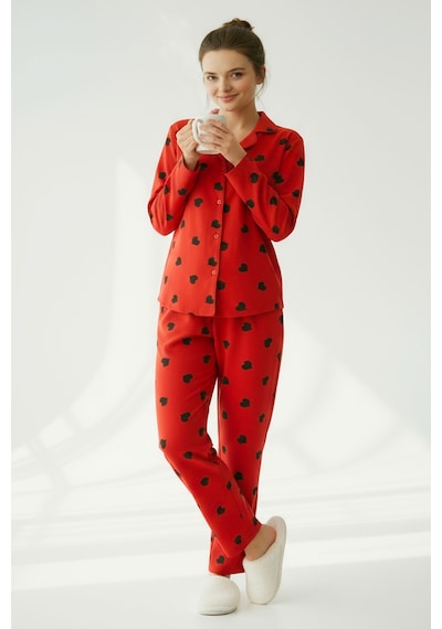 Süet Gömlek Pijama Takımı 7107 Kalpli Kırmızı Kırmızı