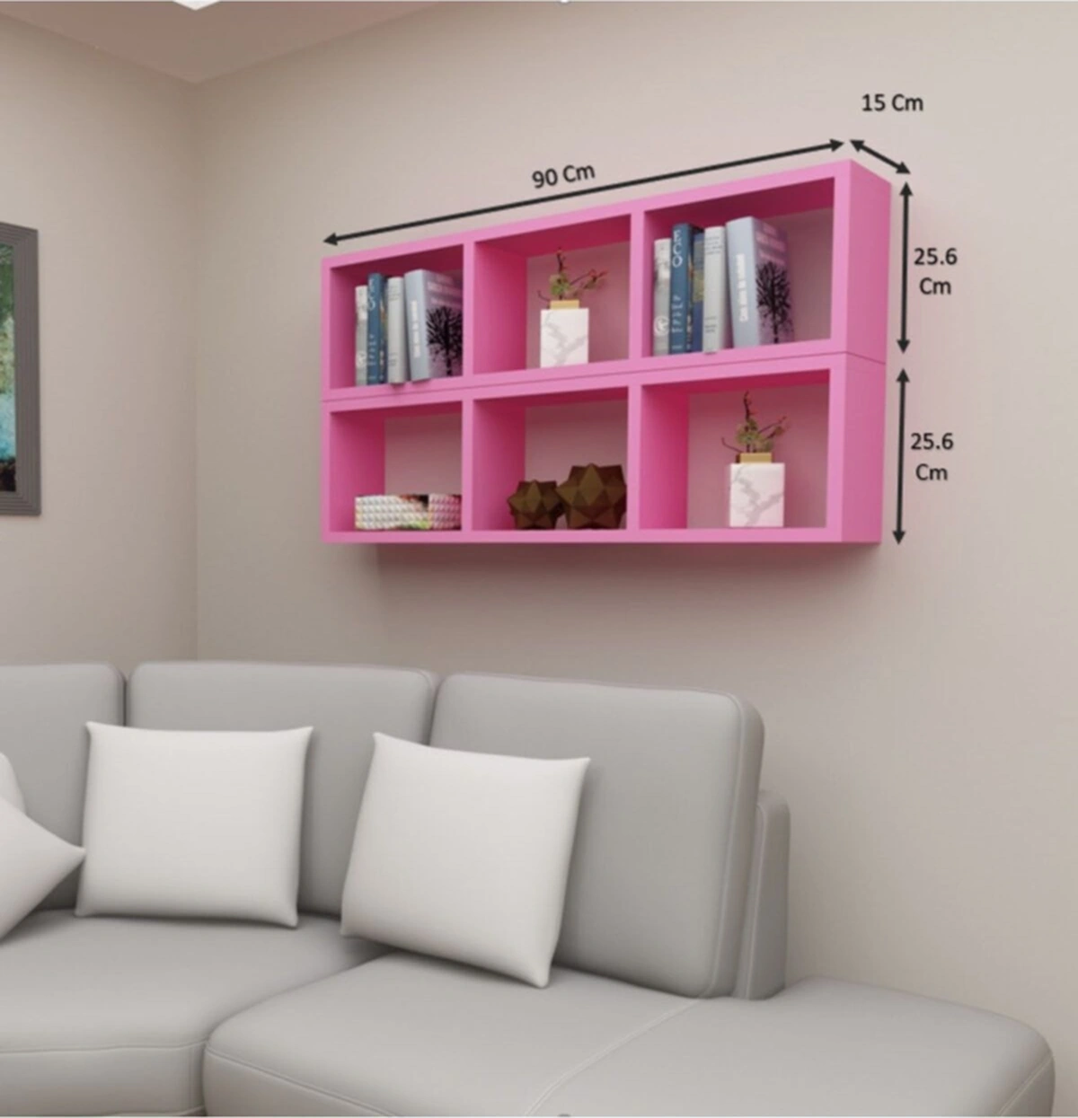 Kitaplık Yan Pembe Renk Duvar Rafı Ikili Takım Pembe