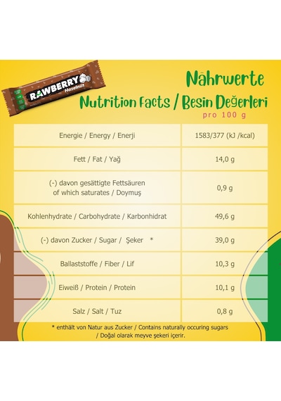 Rawberry Fındıklı Vegan Glutensiz Şeker İlavesiz Kuruyemiş Bar 15 x 33 G