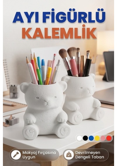 Ayı Figürlü Kalemlik Ve Makyaj Fırçası Düzenleyici - Beyaz