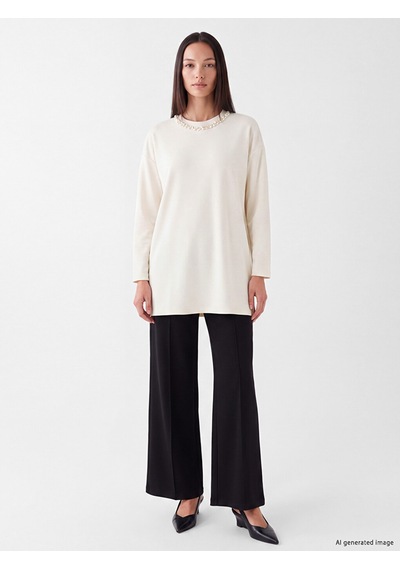 Lcw Everyday Ekru Taşlı Soft Touch Oversize Kadın Sweatshirt Tunik