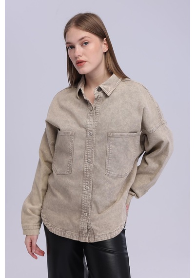 Selectmoda Kadın Çift Cepli Çıtçıt Kapamalı Oversize Kot Gömlek bej