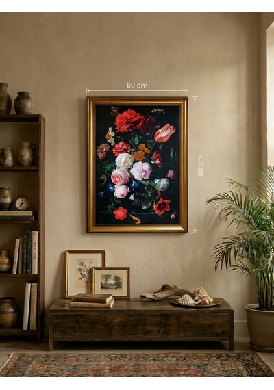 Vintage Gold Çerçeveli Barok Vazoda Çiçek Natürmort Kanvas Tablo Salon Duvar Dekoru 60x80 Cm