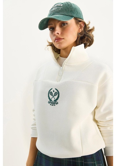 Shade Kadın Dik Yaka Yarım Fermuarlı İçi Polarlı Crop Sweatshirt 1808 60283713 - Beyaz