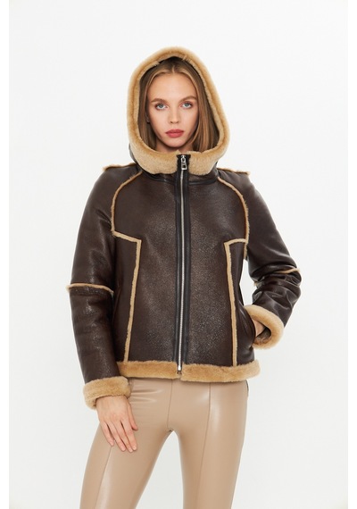 M M Marki Marki Hakiki Deri Kapüşonlu Oversize Kadın Mont - İçi Kürklü - Kahverengi 65 Cm - 115522