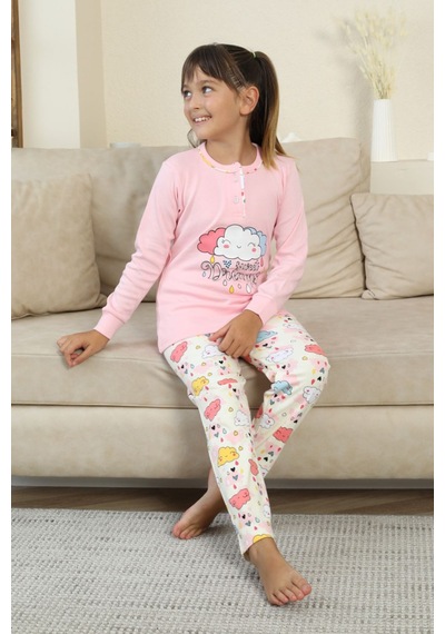 Miniğimin Cicileri Bulut Baskılı Düğmeli Kız Çocuk Pijama Tak... Pembe