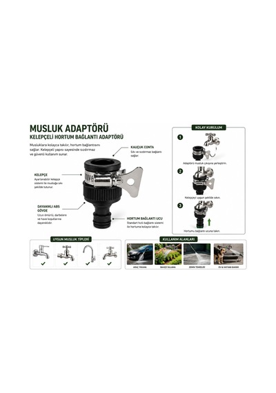 Musluk Adaptörü Kendinden Kelepçeli Hortum Bağlantı Aparatı