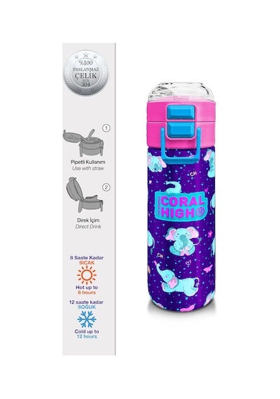 Coral High Kids Mor Pembe Fil Desenli Pipetli Ve Direkt İçim Çelik Termos 500 Ml 31970 Mor - Açık Pembe