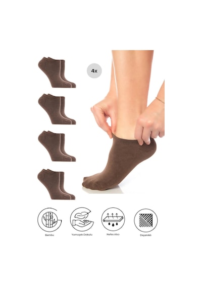 Saysez Bambu Kadın Sneaker Kahverengi Çorap Dikişsiz Görünmez Bilekte Spor Çorap Premium 4'lü Paket Renkli