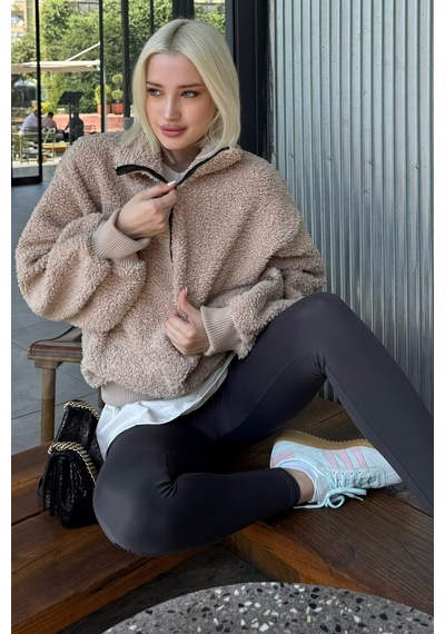 Bej Peluş Fermuar Yaka Sweatshirt Mg1413 Bej