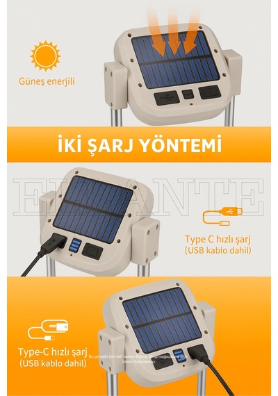 Portatif Güneş Enerjili Led Kamp Feneri 10000mah, Ip66 Su Geçirmez, 4 Mod Aydınlatma Çok Renkli